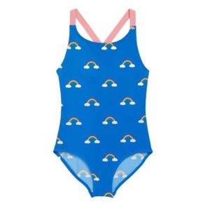 Mini boden cross back swimsuit blue with rainbow
